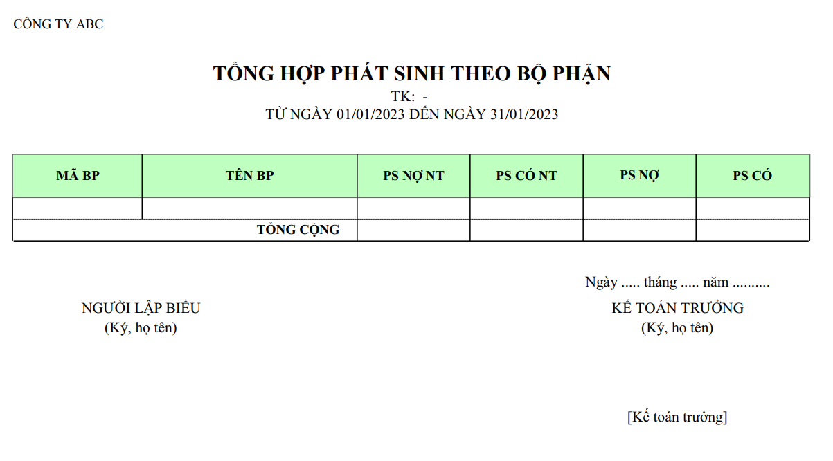 Mẫu tổng hợp phát sinh theo bộ phận ( NGOẠI TỆ )