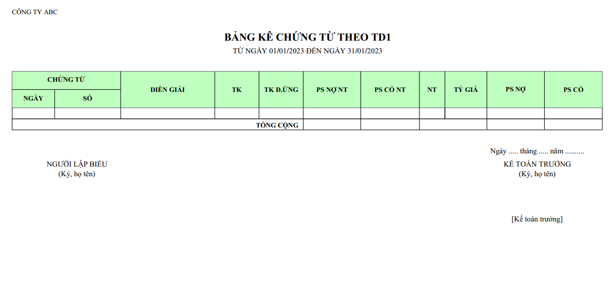 Mẫu bảng kê chứng từ các trường tự do ( NGOẠI TỆ )