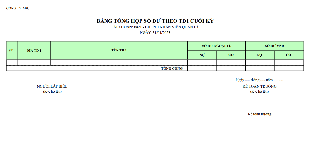 Mẫu bảng tổng hợp số dư các trường tự do cuối kỳ ( NGOẠI TỆ )