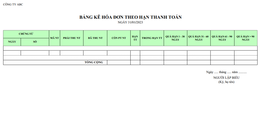 Mẫu bảng kê hoá đơn đến hạn thanh toán ( NGOẠI TỆ )