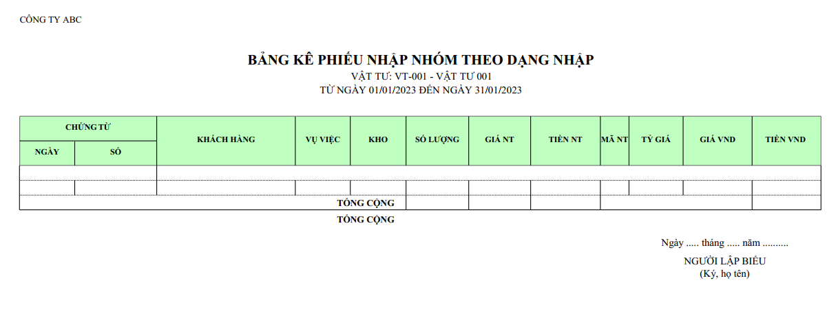 Bảng kê phiếu nhập nhóm theo dạng nhập ( Số lượng và giá trị ) NGOẠI TỆ