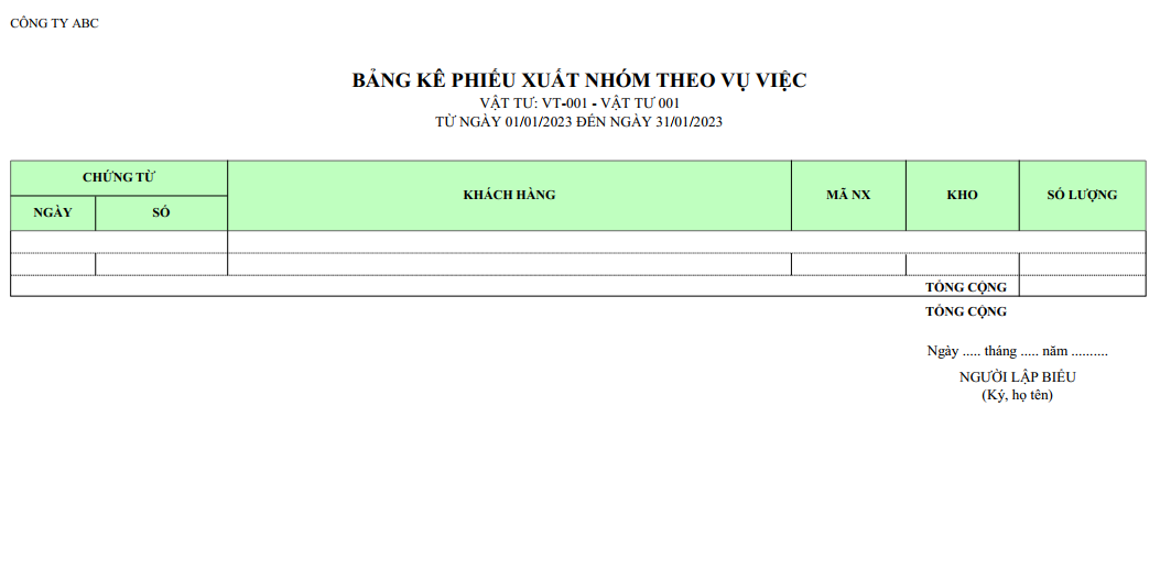 Mẫu bảng kê phiếu xuất nhóm theo vụ việc