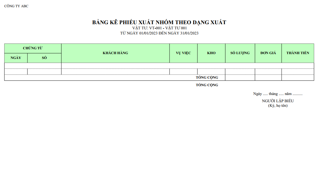 Mẫu bảng kê phiếu xuất nhóm theo dạng xuất ( Số lượng và giá trị )