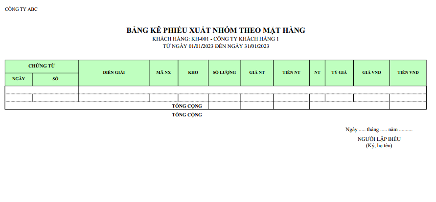 Mẫu bảng kê phiếu xuất nhóm theo mặt hàng ( Số lượng và giá trị ) NGOẠI TỆ