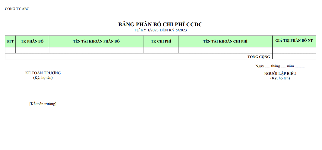 Mẫu bảng phân bổ chi phí CCDC ( NGOẠI TỆ )