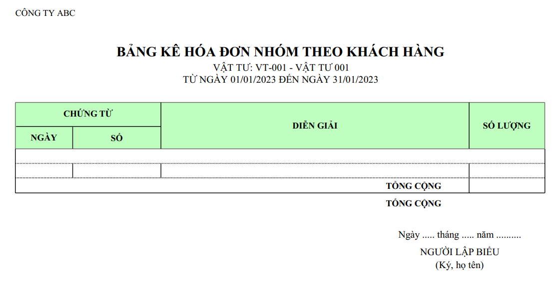 Mẫu bảng kê hoá đơn nhóm theo khách hàng