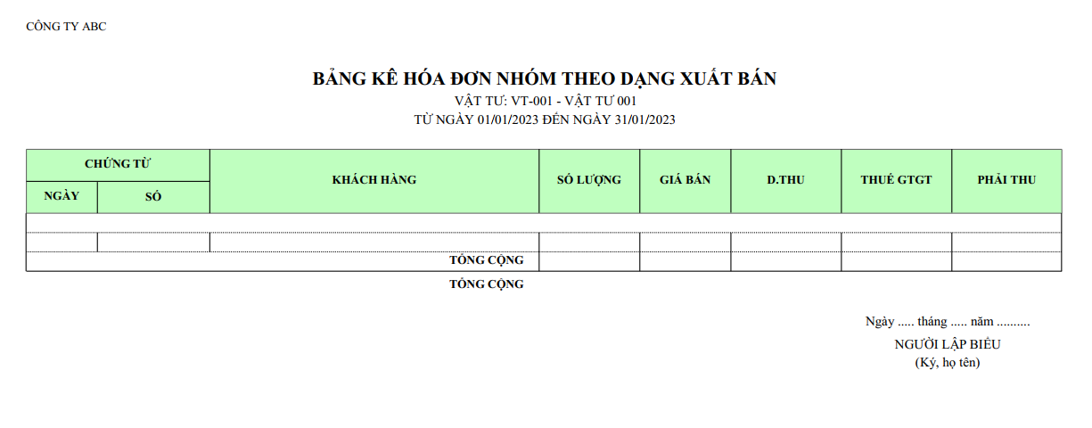 Mẫu bảng kê hoá đơn nhóm theo dạng xuất bán ( Số lượng và giá trị )