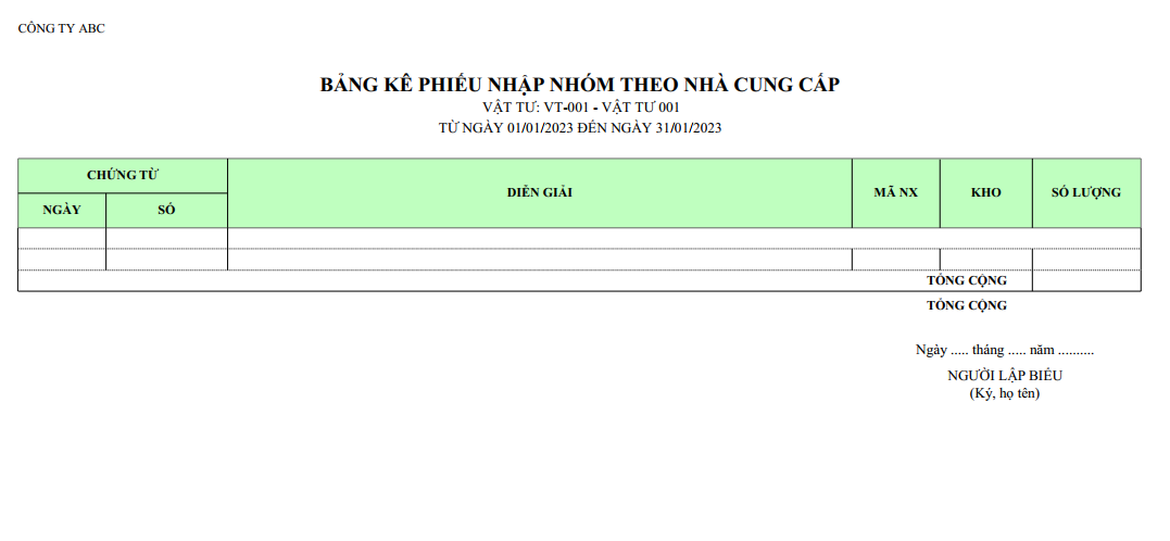 Mẫu bảng kê phiếu nhập nhóm theo nhà cung cấp