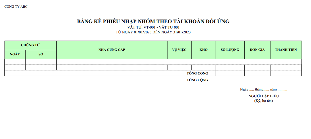 Mẫu bảng kê phiếu nhập nhóm theo tài khoản đối ứng ( Số lượng và giá trị )