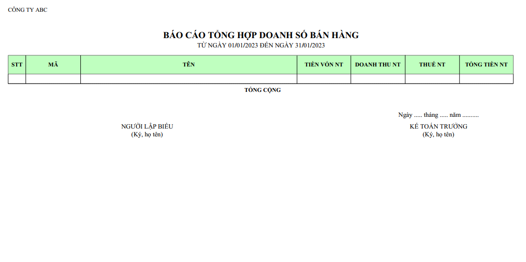 Mấu báo cáo tổng hợp doanh số bán hàng ( NGOẠI TỆ )