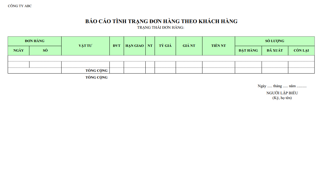 Mẫu báo cáo tình trạng đơn hàng theo khách hàng ( NGOẠI TỆ )