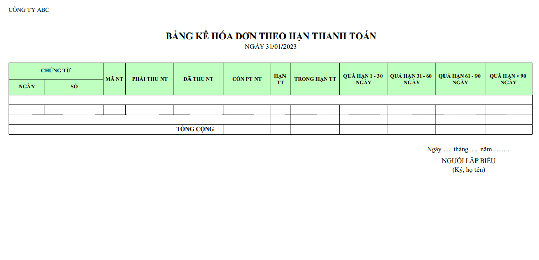 Mẫu bảng kê hoá các đơn theo hạn thanh toán ( NGOẠI TỆ )