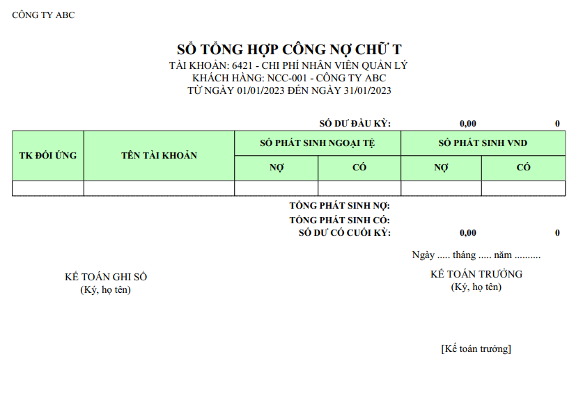 Mẫu sổ tổng hợp công nợ chữ T của một nhà cung cấp ( NGOẠI TỆ )