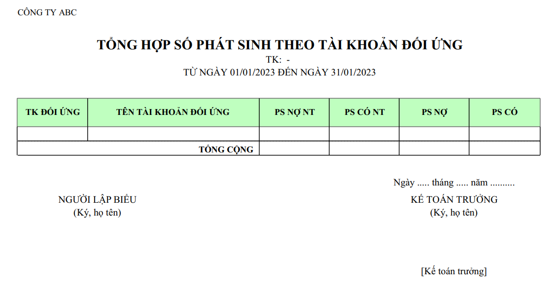 Mẫu tổng hợp phát sinh theo tài khoản đối ứng ( NGOẠI TỆ )