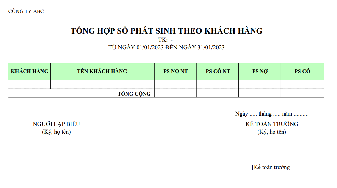 Mẫu tổng hợp phát sinh theo khách hàng ( NGOẠI TỆ )