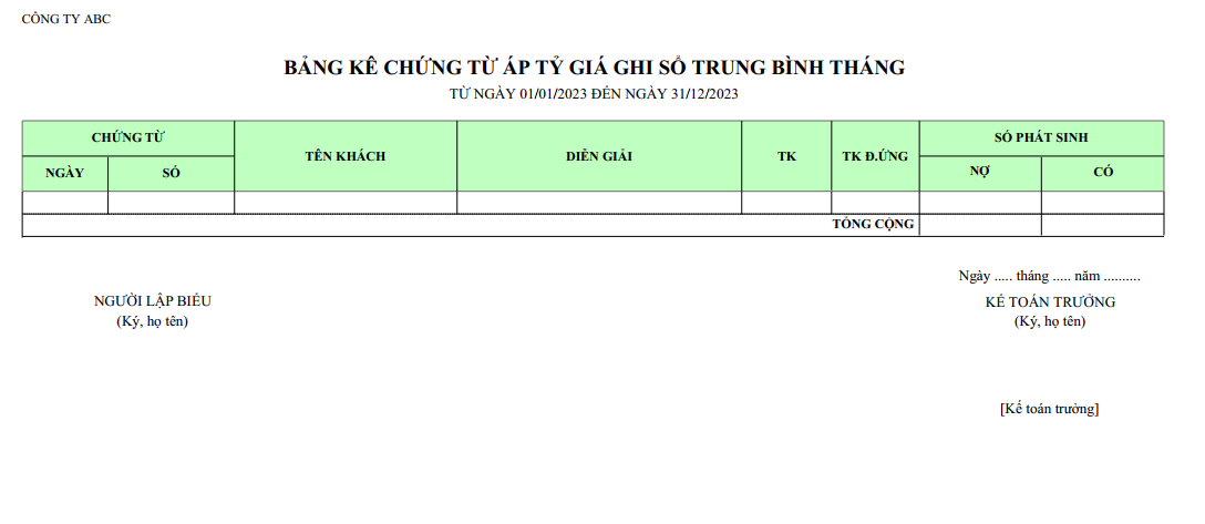 Mẫu bảng kê chứng từ áp tỷ giá ghi sổ trung bình tháng