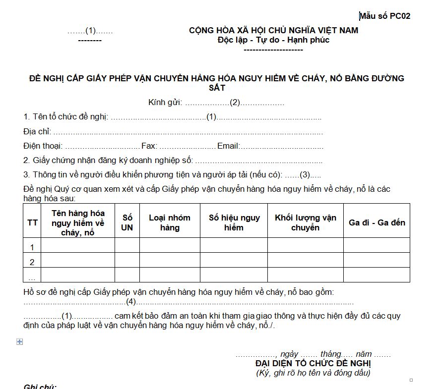 Mẫu số PC02:Văn bản đề nghị cấp Giấy phép vận chuyển hàng hóa nguy hiểm về cháy, nổ bằng đường sắt