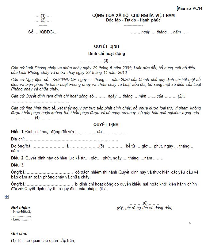 Mẫu số PC14: Quyết định đình chỉ hoạt động