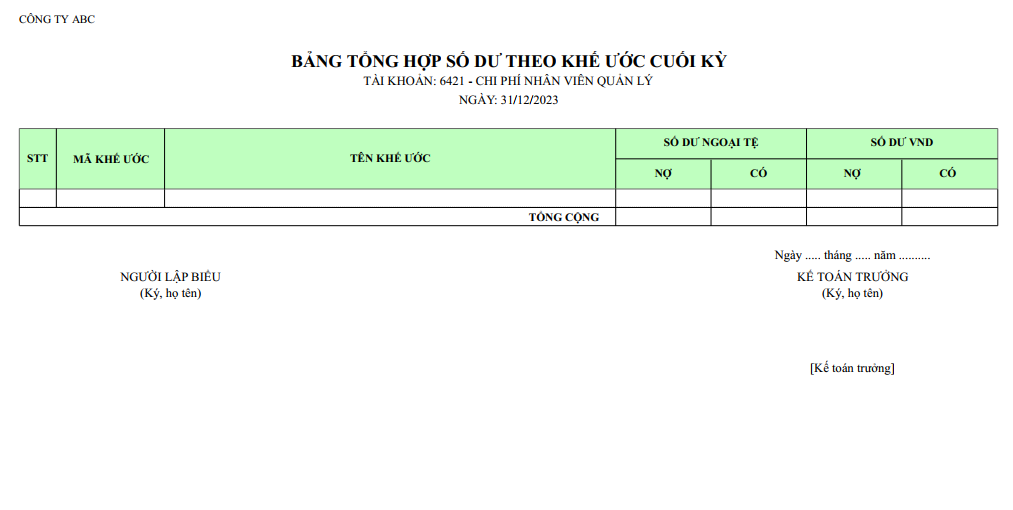 Mẫu bảng tổng hợp số dư theo khế ước cuối kỳ ( NGOẠI TỆ )