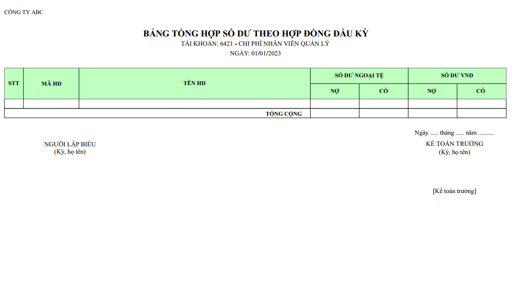 Mẫu bảng tổng hợp số dư hợp đồng đầu kỳ ( NGOẠI TỆ )