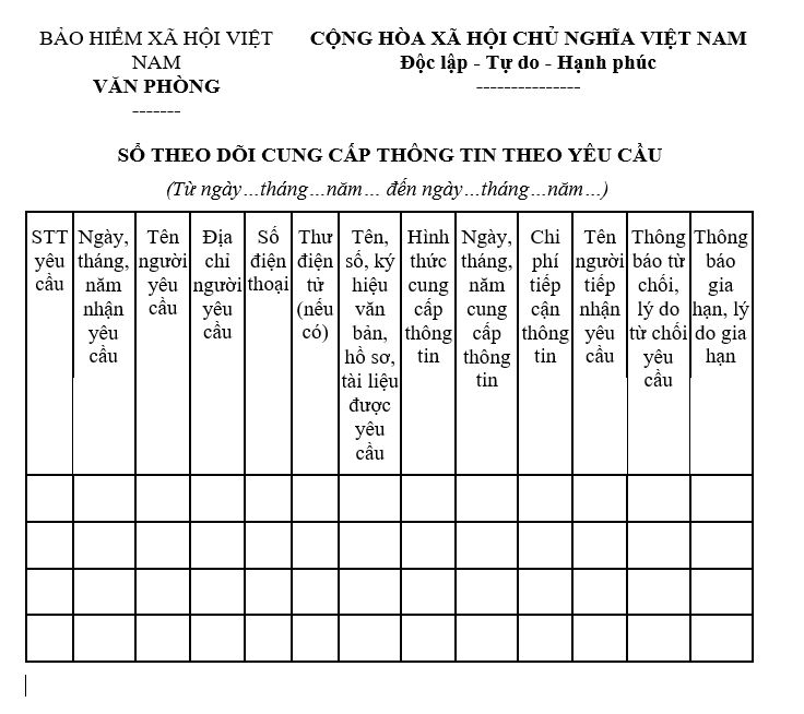 Mẫu sổ theo dõi cung cấp thông tin theo yêu cầu