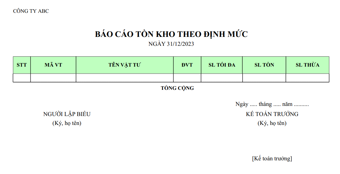 Mẫu báo cáo tồn kho theo định mức ( Vượt định mức )