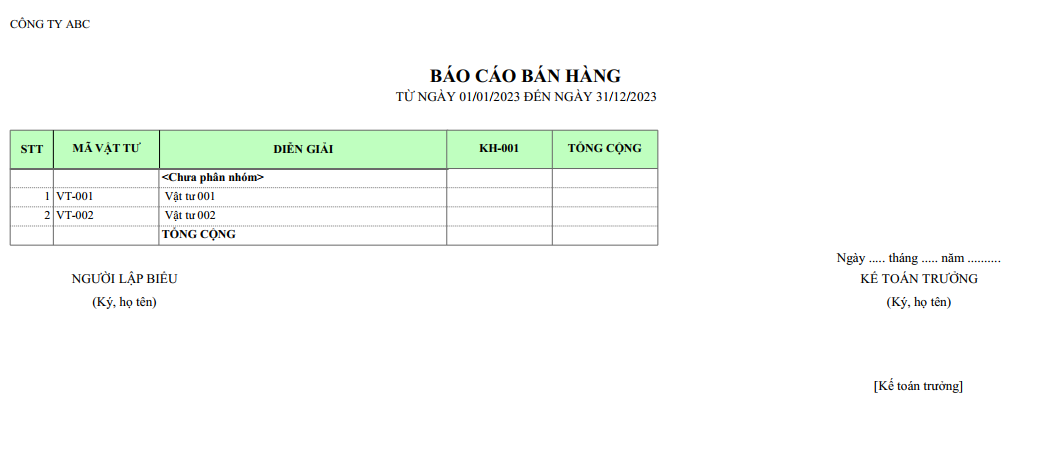 Mẫu báo cáo bán hàng theo 3 chỉ tiêu ( NGOẠI TỆ )