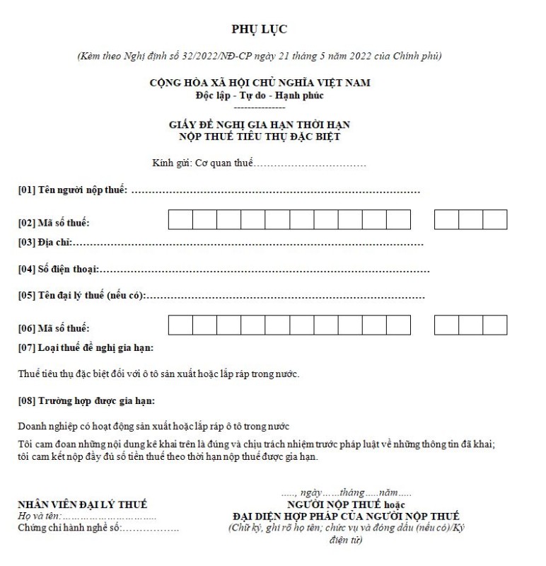 Mẫu giấy đề nghị gia hạn thời hạn nộp thuế tiêu thụ đặc biệt