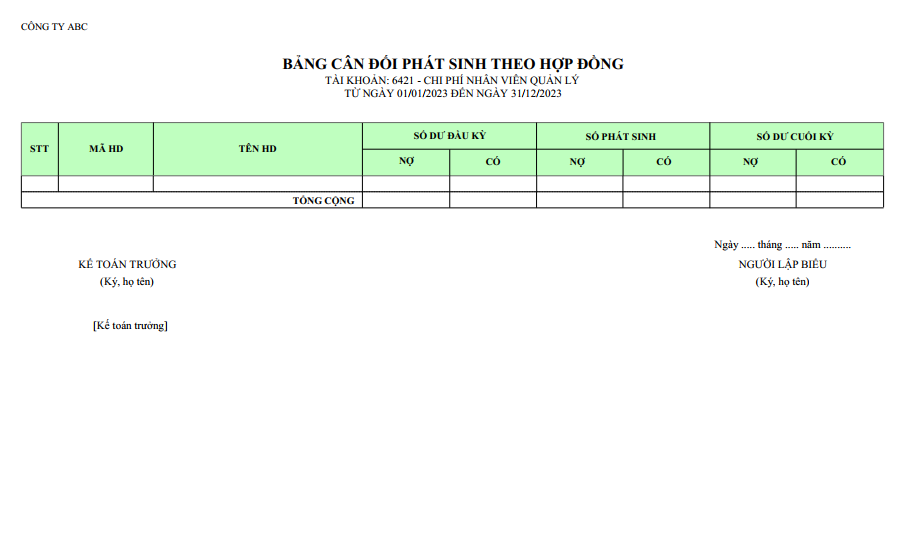 Mẫu bảng cân đối phát sinh theo các hợp đồng ( NGOẠI TỆ )