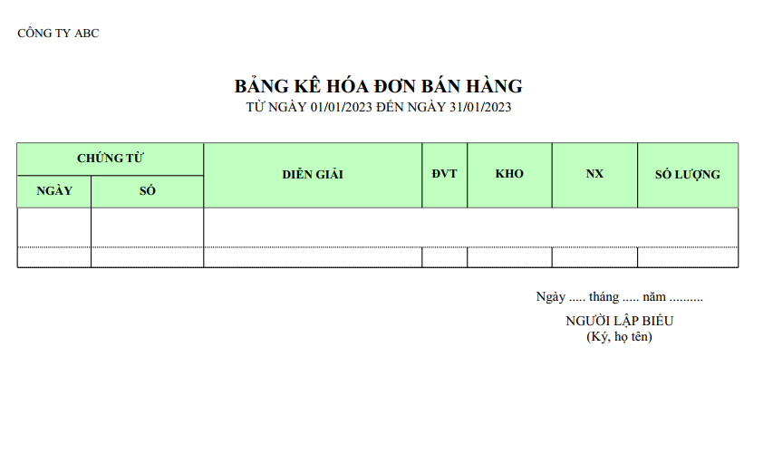 Mẫu bảng kê hoá đơn bán hàng