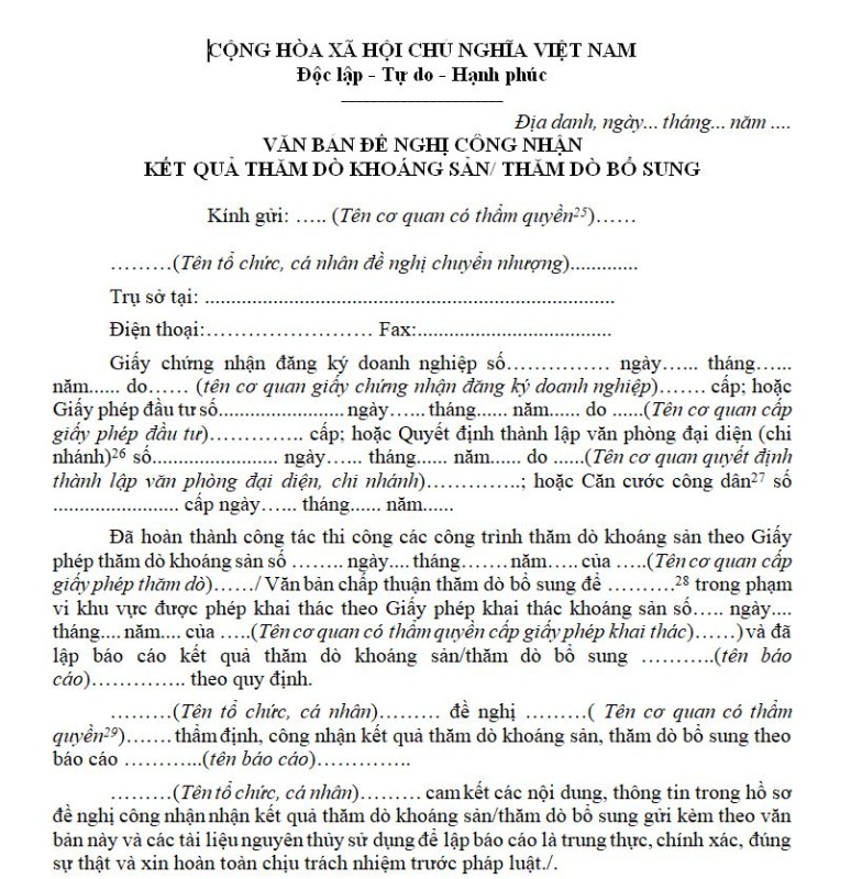 Mẫu văn bản đề nghị công nhận kết quả thăm dò khoáng sản, thăm dò bổ sung