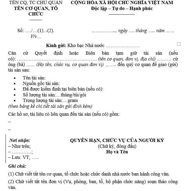Mẫu công văn về việc giao tài sản quý hiếm