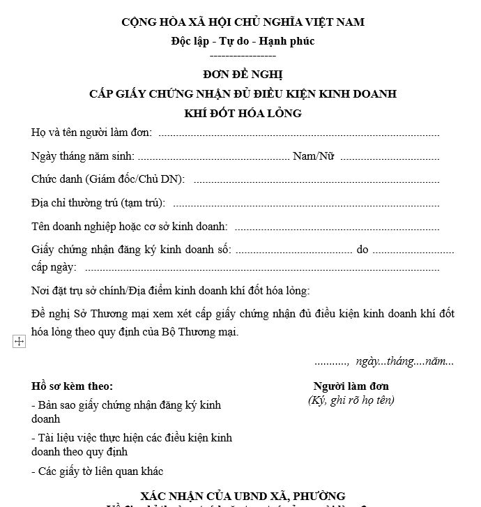 Mẫu đơn đề nghị cấp giấy chứng nhận đủ điều kiện kinh doanh khí đốt hóa lỏng