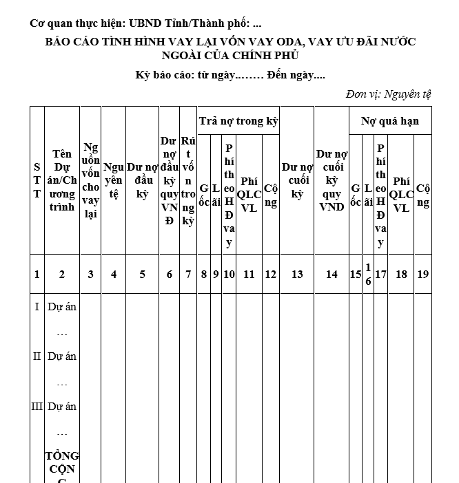 Mẫu báo cáo tình hình vay lại vốn vay ODA, vay ưu đãi nước ngoài của chính phủ