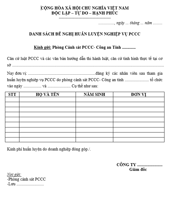 Mẫu đăng ký danh sách huấn luyện phòng cháy chữa cháy