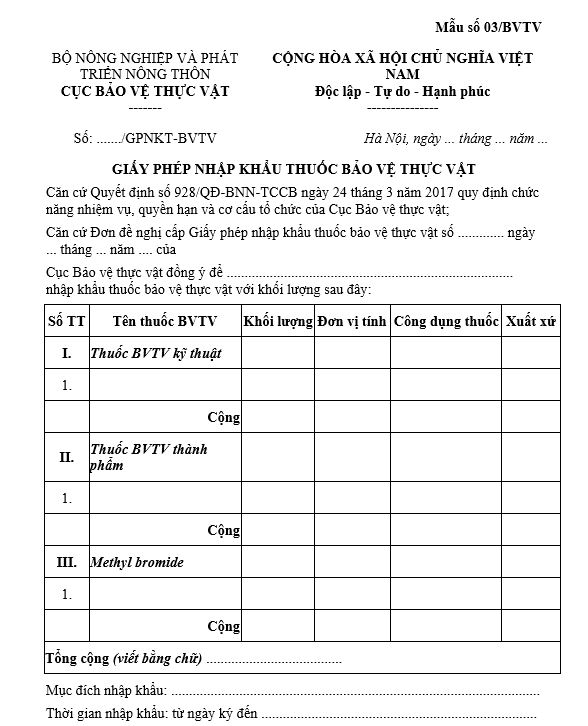 Mẫu số 03/BVTV giấy phép nhập khẩu thuốc bảo vệ thực vật