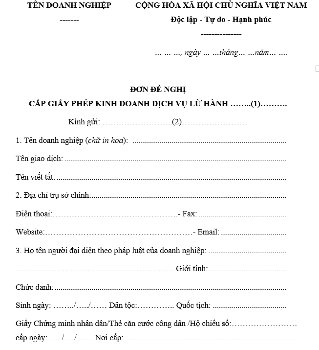 Mẫu đơn đề nghị cấp giấy phép kinh doanh dịch vụ lữ hành