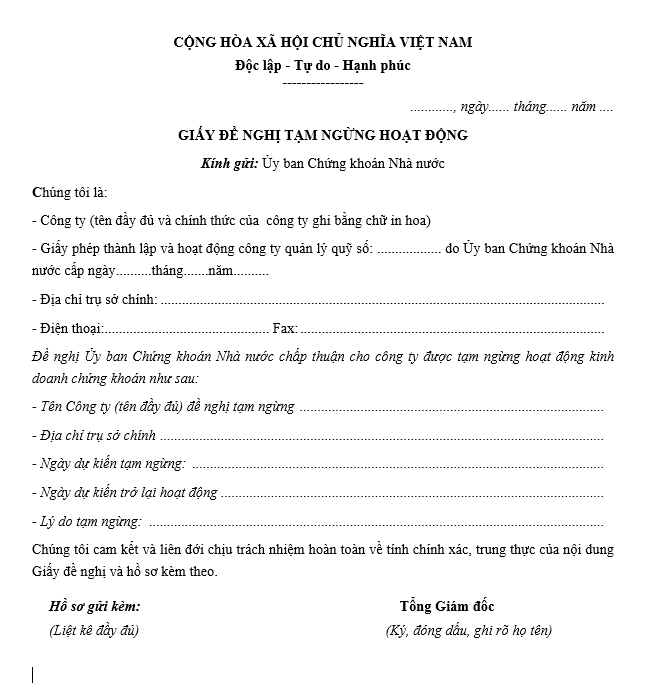 Mẫu giấy đề nghị tạm ngừng hoạt động công ty quản lý quỹ