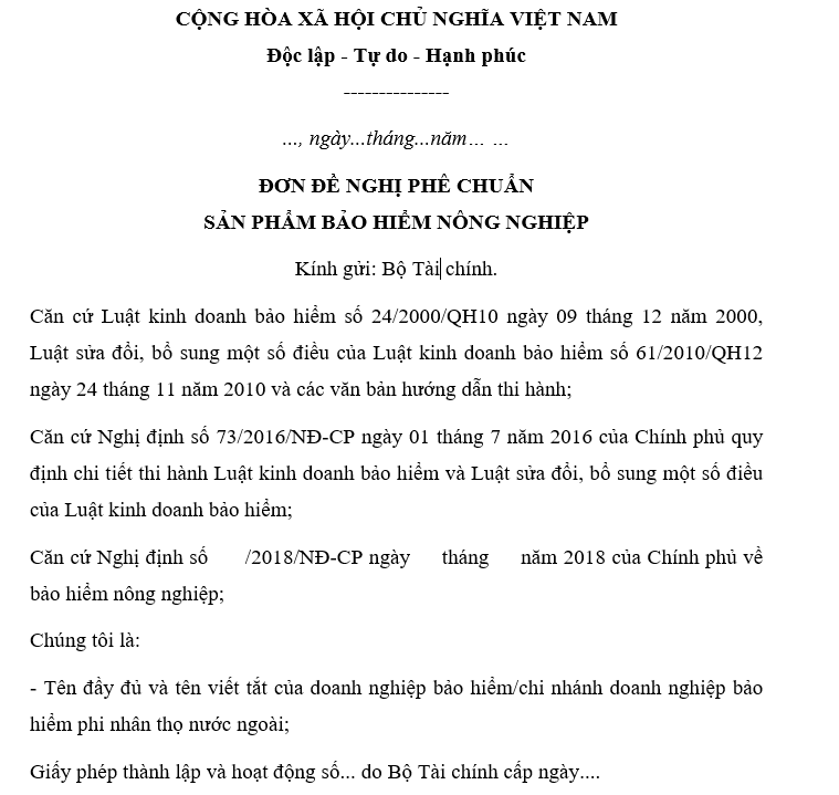 Mẫu đơn đề nghị phê chuẩn sản phẩm bảo hiểm nông nghiệp