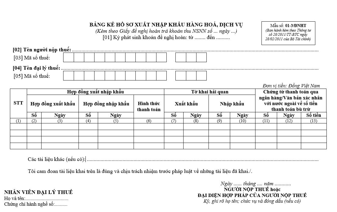 Mẫu số 01/ĐNHT: Bảng kê hồ sơ xuất nhập khẩu hàng hóa, dịch vụ