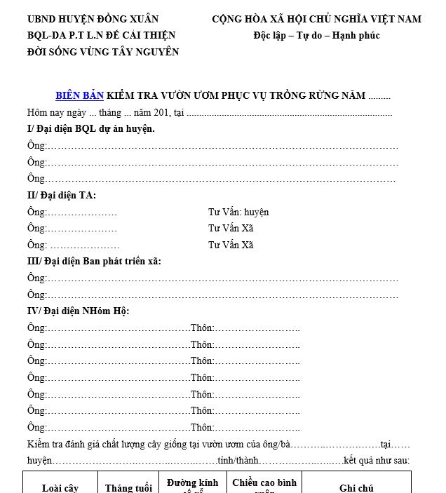 Mẫu Biên bản kiểm tra vườn ươm cây trồng