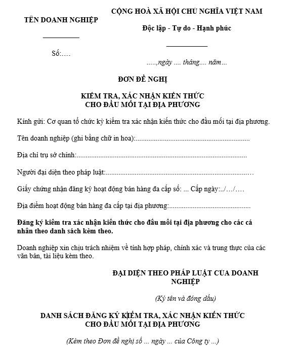 Mẫu số 20b: Đơn đề nghị kiểm tra, xác nhận kiến thức cho đầu mối tại địa phương