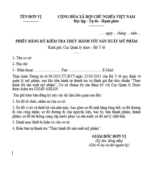 Mẫu phiếu đăng ký kiểm tra thực hành tốt sản xuất mỹ phẩm