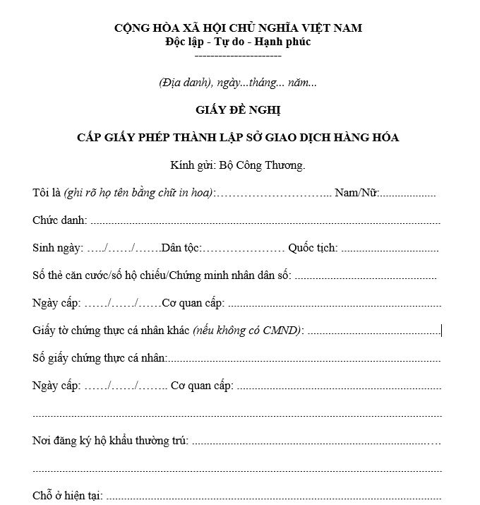 Mẫu giấy đề nghị cấp lại giấy phép thành lập Sở giao dịch hàng hóa