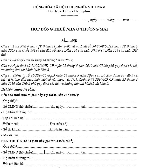 Mẫu hợp đồng thuê nhà ở thương mại