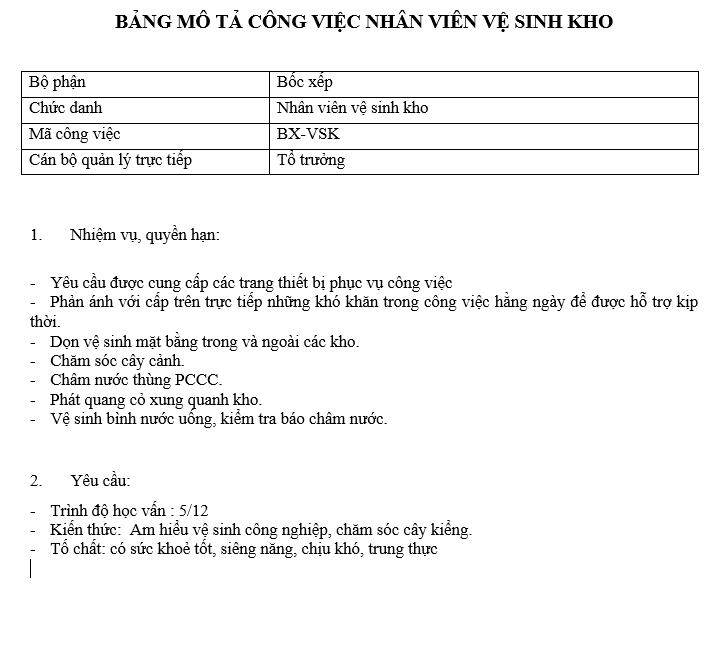 Bảng mô tả công việc của nhân viên vệ sinh các kho