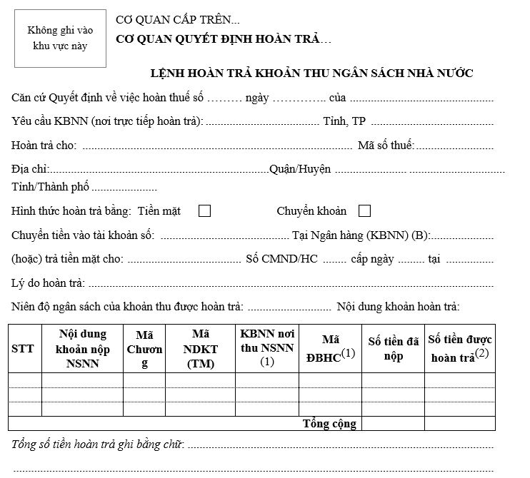 Mẫu số 01LHT: Lệnh hoàn trả khoản thu ngân sách Nhà nước
