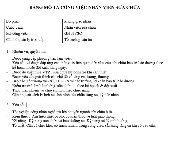 Bảng mô tả công việc của nhân viên sửa chữa