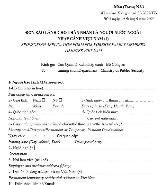 Mẫu đơn bảo lãnh cho người nước ngoài nhập cảnh vào Việt Nam