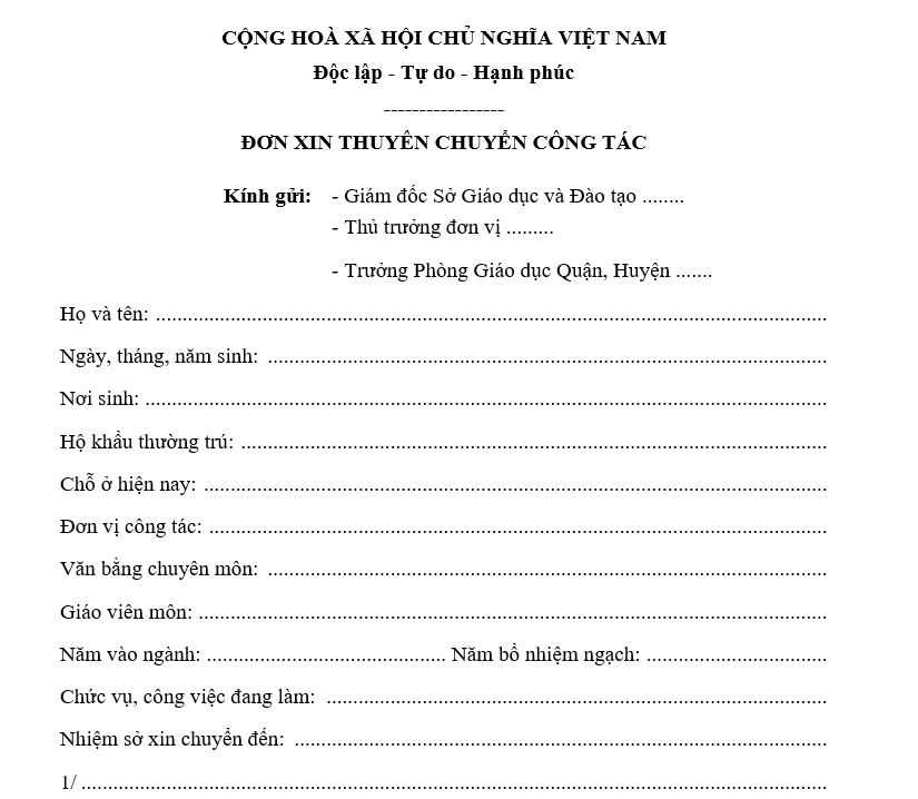 Đơn xin thuyên chuyển công tác áp dụng mọi ngành nghề